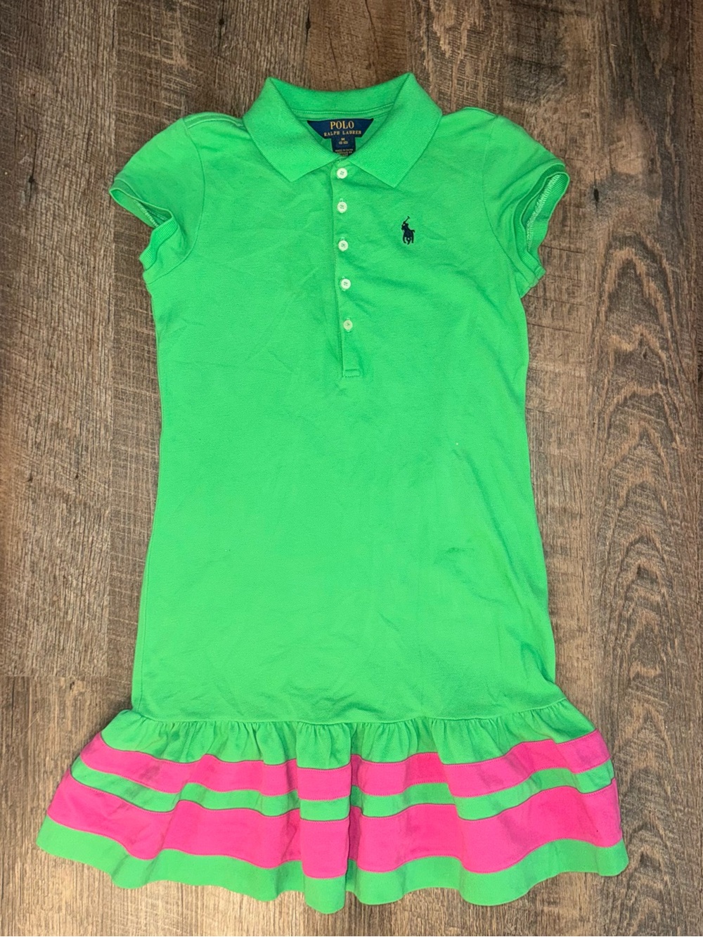 Ralph Lauren Polo Cotton Mesh Polo Dress Green with Pink Stripes Girls Size 8-10